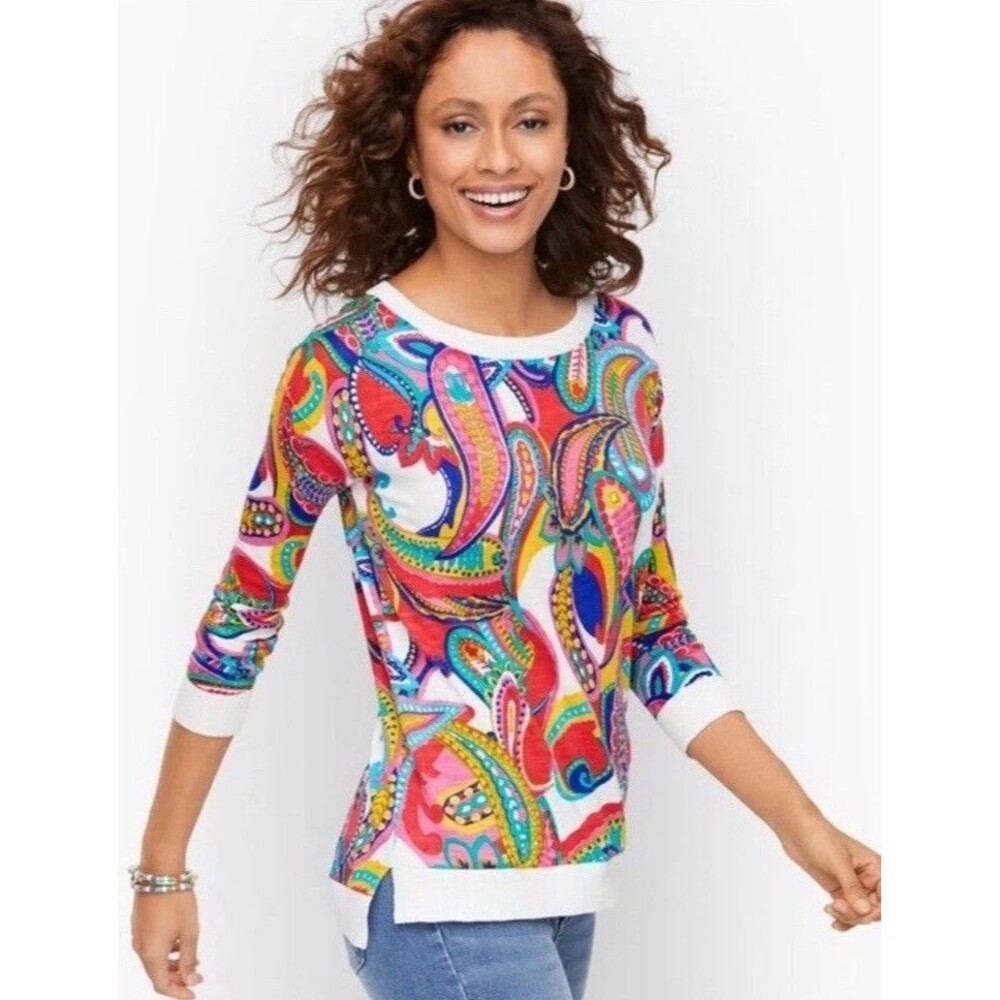 Talbots Paisley Knit Sweater Cotton Colorful Lightweight Artsy Womens Size Small